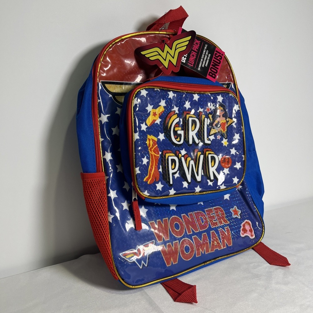 NWT DC Comics: Wonder Woman - "GRL PWR" Stars Backpack with Lunchbox - Bioworld - Picture 3 of 12